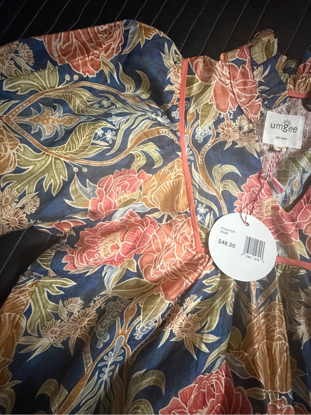 Umgee women’s Navy/Gray Floral Top - Pink & Mustard Blooms - Picture 3 of 5